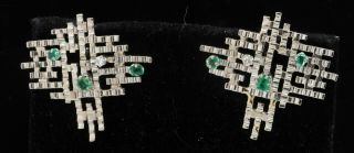 Vintage 14k White Gold 0.  50ct Diamond & Emerald Abstract Woven Stud Earrings