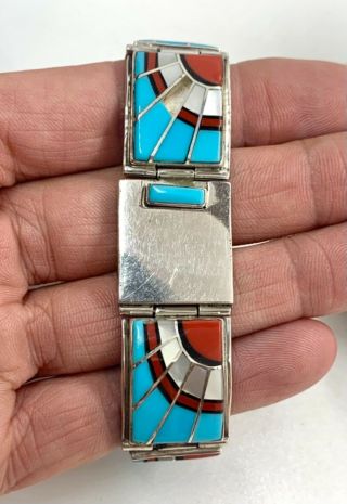 Vintage Zuni Sterling Silver Turquoise Coral Multi Stone Inlay Link Bracelet