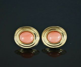$1,  750 Vintage 14K Yellow Gold Oval Cabochon Pink Angel Skin Coral Stud Earrings 5