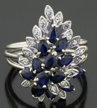 Vintage Heavy 14k Wg 2.  87ctw Diamond/blue Sapphire Cluster Flower Cocktail Ring