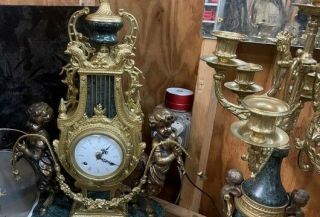 Vintage Imperial Mantel Clock And Candle Holder Green Marble