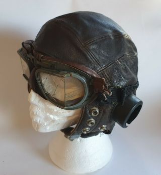 Vintage Wwii Raf Spitfire Pilot Leather Flying Helmet & Goggles Flt Lt O 