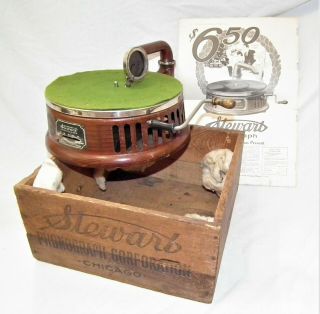 Rare Vintage Table Top Stewart Phonograph Gramophone 78 Rpm Record Player & Box