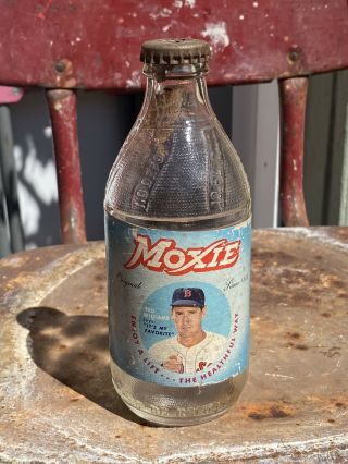 Rare Vintage Moxie Bottle With Ted Williams Paper Label Boston Red Socks 10 Oz