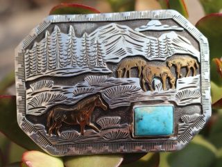 Vintage Navajo Sterling Silver Turquoise Belt Buckle Horses Nature Trees Signed