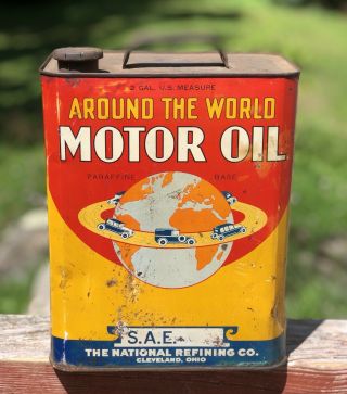 Cool Vintage Around The World Motor Oil Gas Service Station 2 Gal Can En - Ar - Co