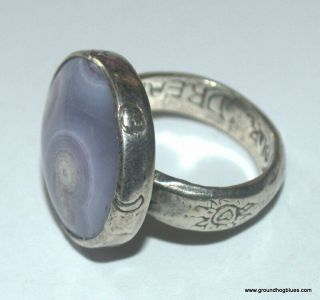 Jes MaHarry Vintage Sterling SIlver Purple Agate Large Carved Ring 7 3/4 3