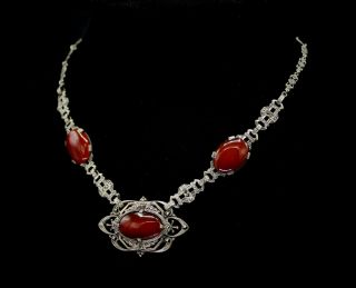 Fine Antique Art Deco 925 Sterling Silver,  Red Carnelian,  Marcasite Necklace