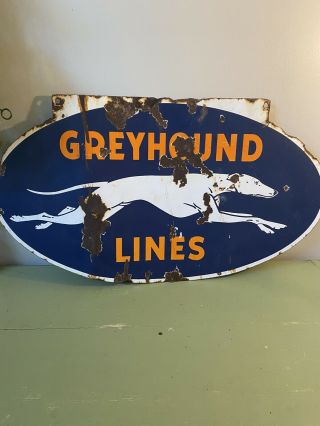 Vintage 1930’s Double - Sided Porcelain Greyhound Lines Bus Depot Sign.