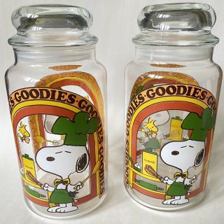 Set Of 2 Vintage 1965 8” Peanuts Snoopy Woodstock Glass Goodies Canister Jar