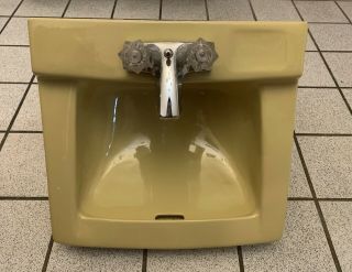 Vintage American Standard Ceramic Sink & Faucet Bathroom Yellow Wall Mount 1970s