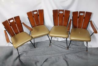 Set Of 4 Vintage Mid - Century Modern Oak Slat Back Chairs With Upholstered Seats