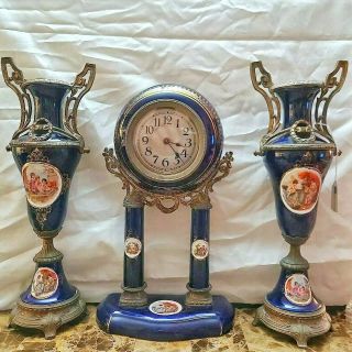 Antique German Royal Cobalt Blue Porcelain Clock Gilt Set Decorative Shelf Art