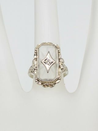 Antique 1920s Camphor Glass Diamond 14k White Gold Filigree Ring
