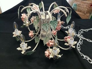 Vintage Mid Century Italian Tole Chandelier Pale Pink Roses 8 Stem Arms
