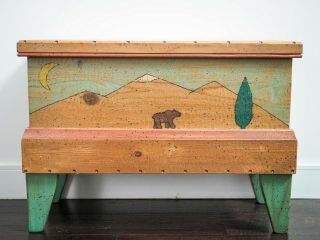 Vintage Shoestring Wooden Creations Trunk - Bear Mountain Scene Funky Furniture