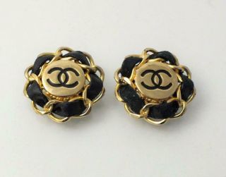 Vintage Chanel Cc Logo Black Leather Braid & Gold Chain Clip Earrings