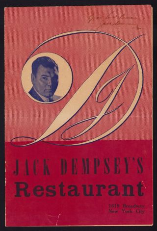 Jack Dempsey - Boxing Champion - Autographed 1954 Restaurant Menu