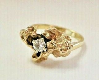 L@@k Vintage Unique Real 14k Yellow Gold Nugget Ring W/ Diamond Size 3.  75 Pinky