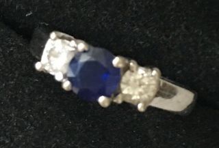 Vintage 14k White Gold Diamond & Round Blue Sapphire Ring Size 6