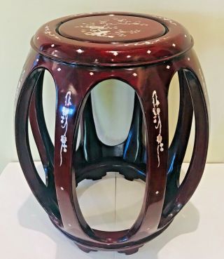 Vintage Chinese Rosewood Mother Of Pearl Round Barrel Stool / Side Table