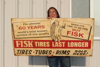 Large Vintage Fisk Tires Tubes & Rims Gas Station 48 " Metal Sign
