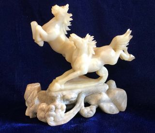 Vtg Chinese Carved White Jade Horse Alabaster Base Running Lucky Figurine Statue