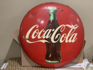 Vintage 24” Tin Coca Cola Button Sign Metal Coke Bottle A - M 50 Soda Pop Signage