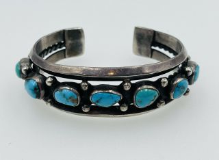 Antique Old Pawn Navajo Sterling Silver Blue Turquoise Row Bracelet