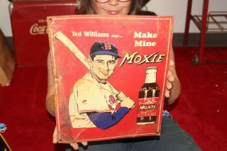 Vintage Moxie Soda Pop Ted Williams Baseball Gas Oil 14 " Embossed Metal Sign