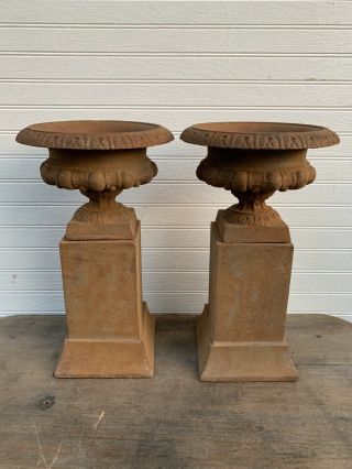 Small Pair Vintage Cast Iron Garden Urns Planters Pedestal Plinths Architectural