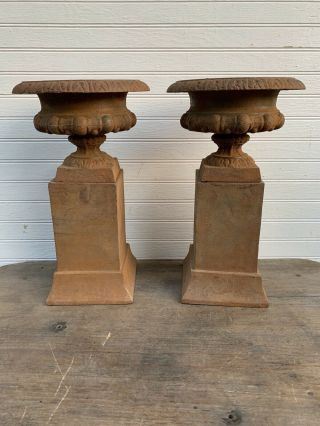 Small Pair Vintage Cast Iron Garden Urns Planters Pedestal Plinths Architectural 2