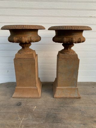 Small Pair Vintage Cast Iron Garden Urns Planters Pedestal Plinths Architectural 3