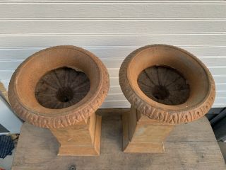 Small Pair Vintage Cast Iron Garden Urns Planters Pedestal Plinths Architectural 5