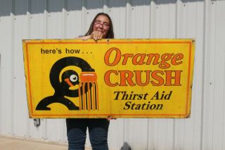 Large Vintage Orange Crush Thirst Aid Station Soda Pop Gas Oil 48 " Metal Sign