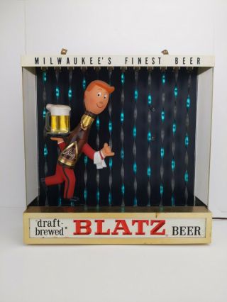 1964 Blatz Beer Bottle Man Motion Sign Waiter In The Rain Vintage
