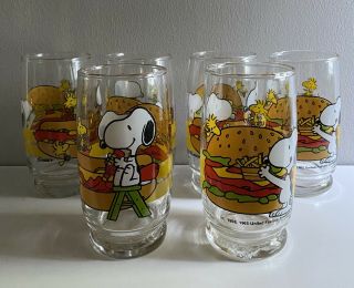 Vtg 1965 Set Of 6 Snoopy Woodstock Peanuts Hamburger Hotdog 5” Juice Glasses