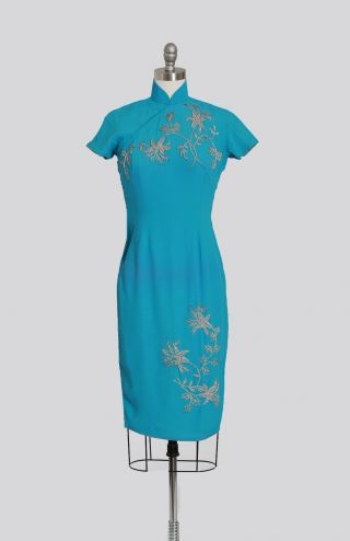 Vintage 50s blue beaded floral crepe Cheongsam qipao dress S 2