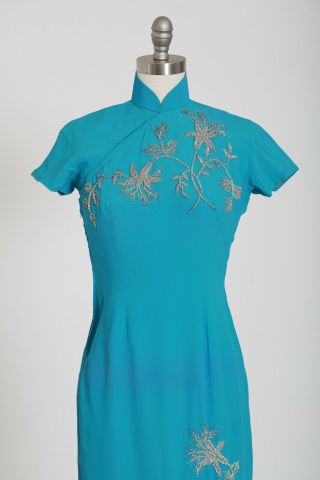 Vintage 50s blue beaded floral crepe Cheongsam qipao dress S 3