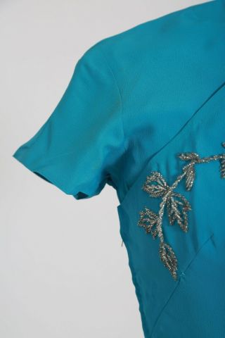 Vintage 50s blue beaded floral crepe Cheongsam qipao dress S 5