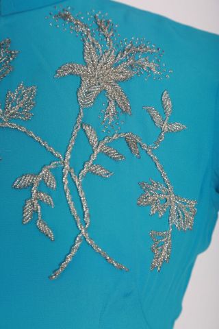 Vintage 50s blue beaded floral crepe Cheongsam qipao dress S 6