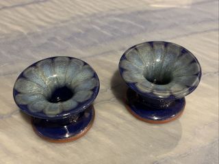 Vintage Pair Wellfleet Pottery Candlestick Holders Cobalt Blue Glaze
