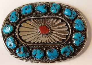 Gorgeous Vintage Navajo Sterling Silver,  Coral And Turquoise Belt Buckle.
