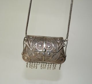 Vintage Middle Eastern Asian Silver Filigree Purse Necklace With Bracelet