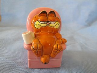 Vintage Enesco Garfield Cat Sitting On Pink Chair Trinket Box Figurine