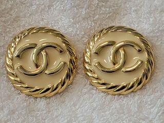 Rare Chanel Gold Plated Off White Enamel Cc Logos Vintage Clip Earrings Estate