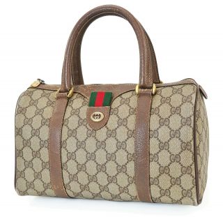 Auth Vintage Gucci Brown Gg Pvc Canvas Leather Boston Hand Bag Purse 39714