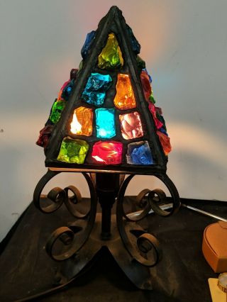 Vintage Peter Marsh Rock Glass Lantern 1950/60s Gothic Style Wrought Iron Lamp