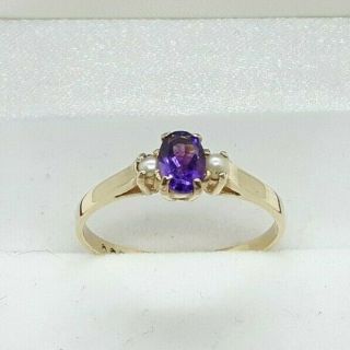 Vintage 9ct Yellow Gold Amethyst And Pearl Three Stone Ring,  Uk Ring Size P