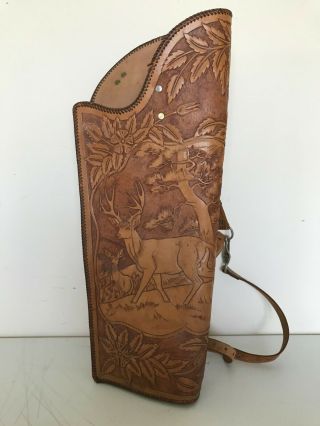 Vintage Large Hand Tooled Deer Leather 2 Division Arrow Quiver Shoulder Archery